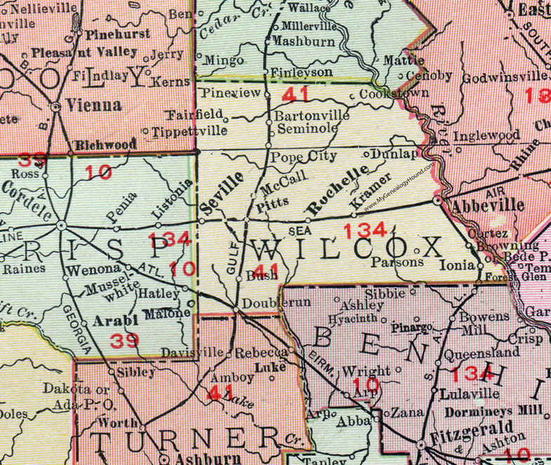 Wilcox County, Georgia, 1911, Map, Abbeville, Rochelle, Seville, Pitts, Pineview, Seminole