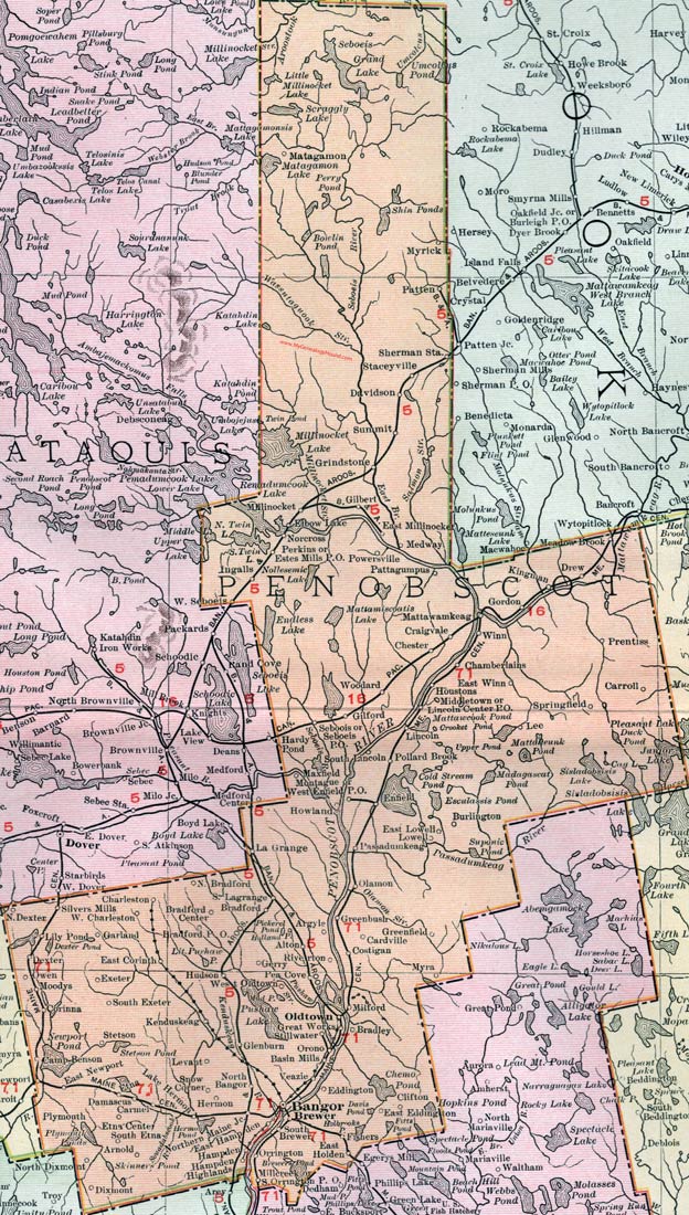 Penobscot County, Maine, 1912, map, Bangor, Orono, Brewer, Old Town, Hampden, Hermon, Lincoln, Glenburn, Millinocket, Dexter, Orrington, Newport, Holden, Milford