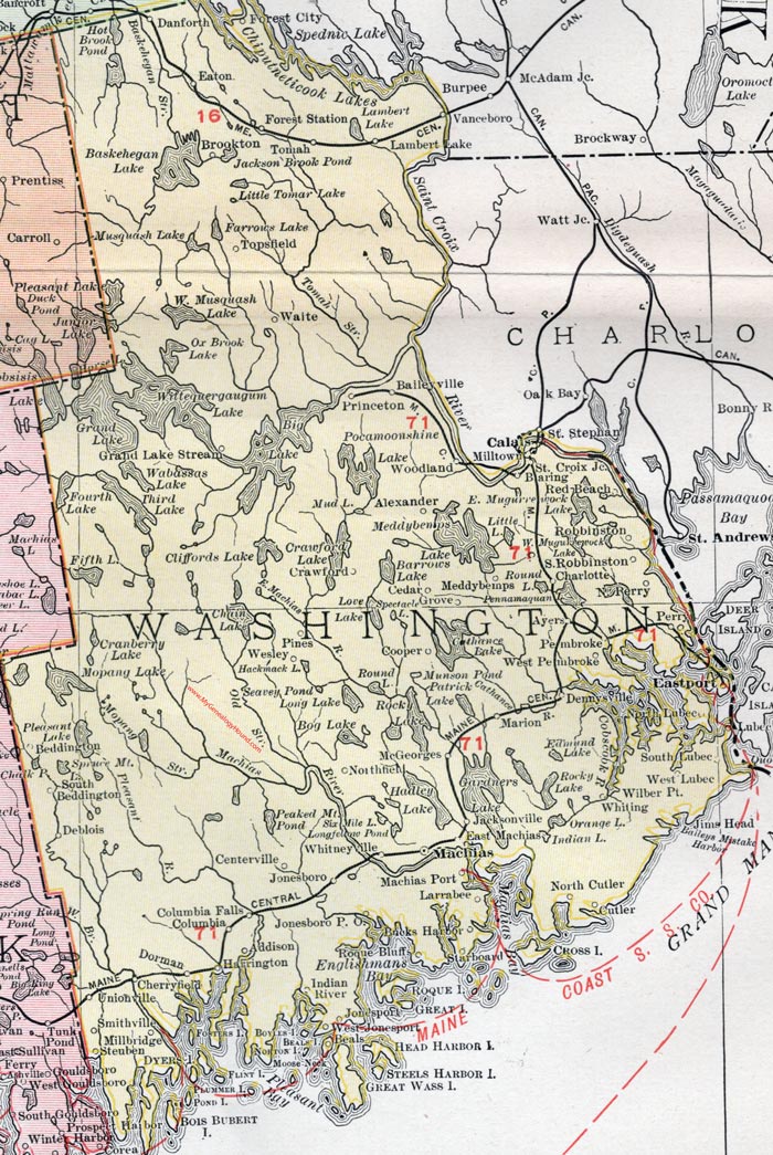 Washington County, Maine, 1912, map, Machias, Calais, Baileyville, Jonesport, East Machias, Lubec, Milbridge, Eastport, Addison, Cherryfield, Steuben, Machiasport, Harrington