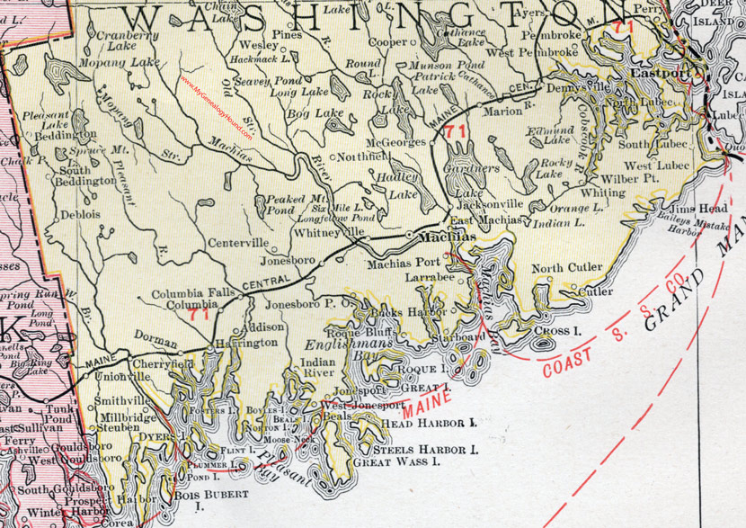 Map of the southern portion of Washington County, Maine
