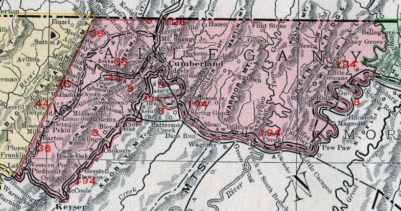 Allegany County, Maryland, Map, 1911, Rand McNally, Cumberland, Frostburg, Westernport, Cresaptown, Mount Savage, Corriganville, Ridgely, Eckhart Mines, Barton, Pinto, Little Orleans, Kifer, Gilmore Allegany County, Maryland, Map, 1911, Rand McNally, Cumberland, Frostburg, Westernport, Cresaptown, Mount Savage, Corriganville, Ridgely, Eckhart Mines, Barton, Pinto, Little Orleans, Kifer, Gilmore