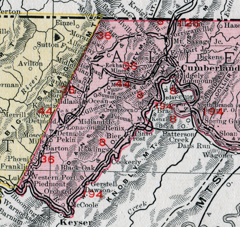 The western half of Alleghany County, Maryland on a 1911 map by Rand McNally. The western half of Alleghany County, Maryland on a 1911 map by Rand McNally.