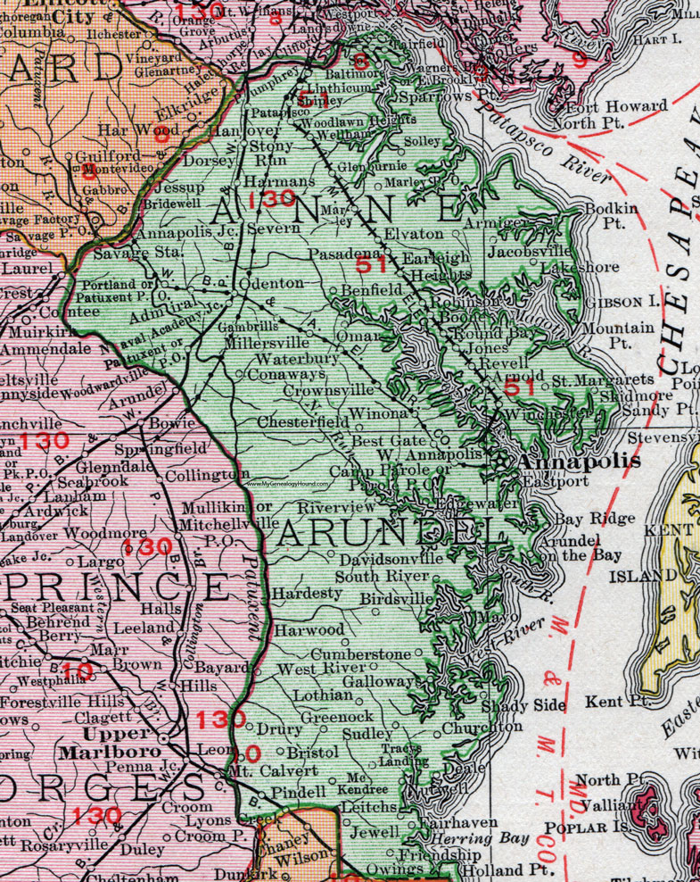 Anne Arundel County, Maryland, Map, 1911, Rand McNally, Annapolis, Glen Burnie, Linthicum, Odenton, Arnold, Deale, Shady Side, Mayo, Admiral, Lothian, McKendree, Drury, Pindell