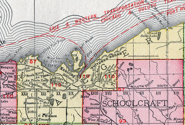Alger County, Michigan, 1911, Map, Rand McNally, Munising, Au Train, Wetmore, Deerton, Chatham, Rumely, Eben Junction, Shingleton, Grand Marais, Trenary, Hallston, Diffin, Ladoga