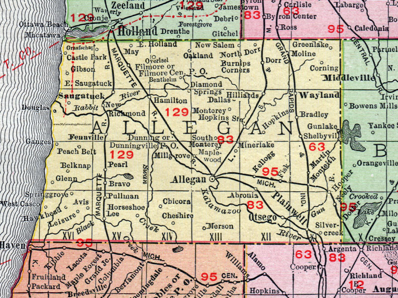 Allegan County, Michigan, 1911, Map, Rand McNally, Otsego, Plainwell, Wayland, Saugatuck, Fennville, Hopkins, Moline, Burnips, Hooper, Martin, Shelbyville, New Richmond