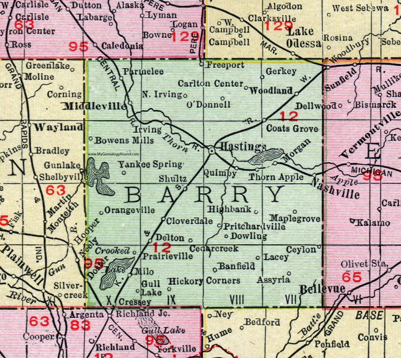 Barry County, Michigan, 1911, Map, Rand McNally, Hastings, Nashville, Middleville, Freeport, Woodland, Dowling, Delton, Hickory Corners, Quimby, Assyria, Cloverdale, Orangeville