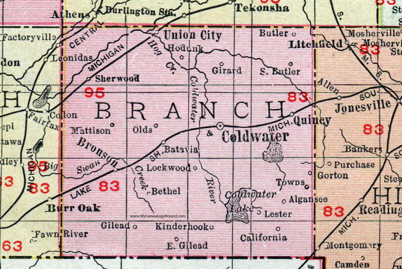 Branch County, Michigan, 1911, Map, Rand McNally, Coldwater, Bronson, Union City, Quincy, Sherwood, Kinderhook, Algansee, Hodunk, Gilead, Mattison, Batavia, Girard