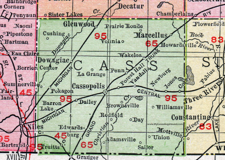 Cass County, Michigan, 1911, Map, Rand McNally, Cassopolis, Dowagiac, Edwardsburg, Glenwood, Marcellus, Vandalia, Jones, Union, Pokagon, Summerville, Dailey, Volinia
