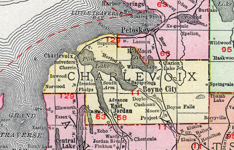 Charlevoix County, Michigan, 1911, Map, Rand McNally, Boyne City, East
