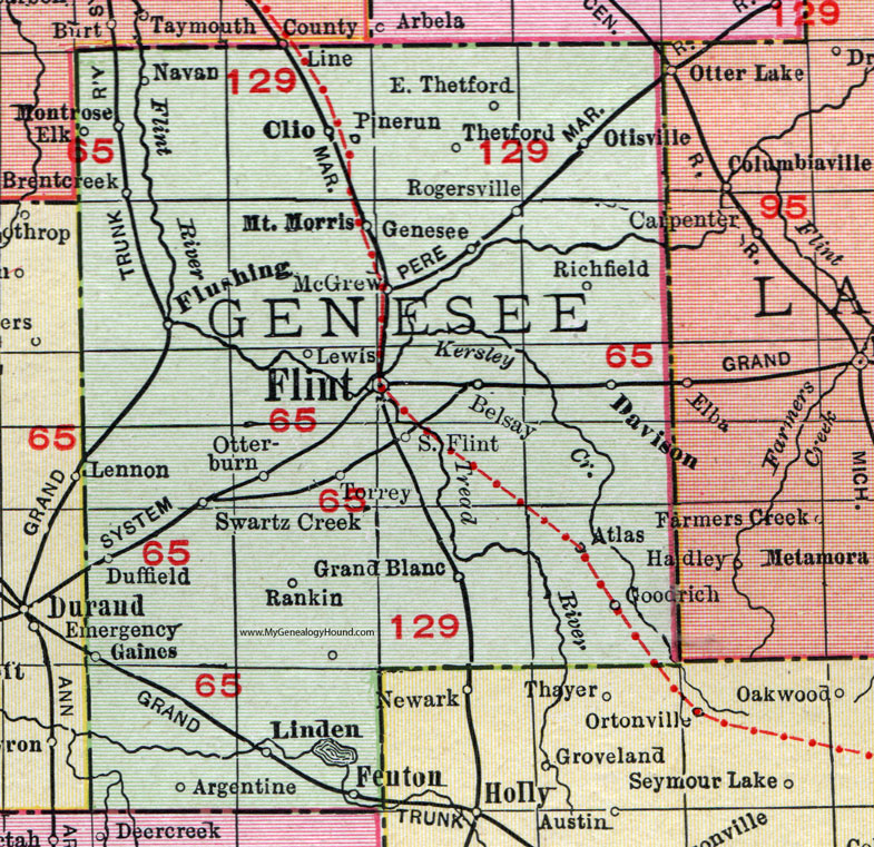 Genesee County, Michigan, 1911, Map, Rand McNally, Flint, Flushing, Grand Blanc, Davison, Mount Morris, Swartz Creek, Goodrich, Linden, Argentine, Fenton, Gaines, Montrose