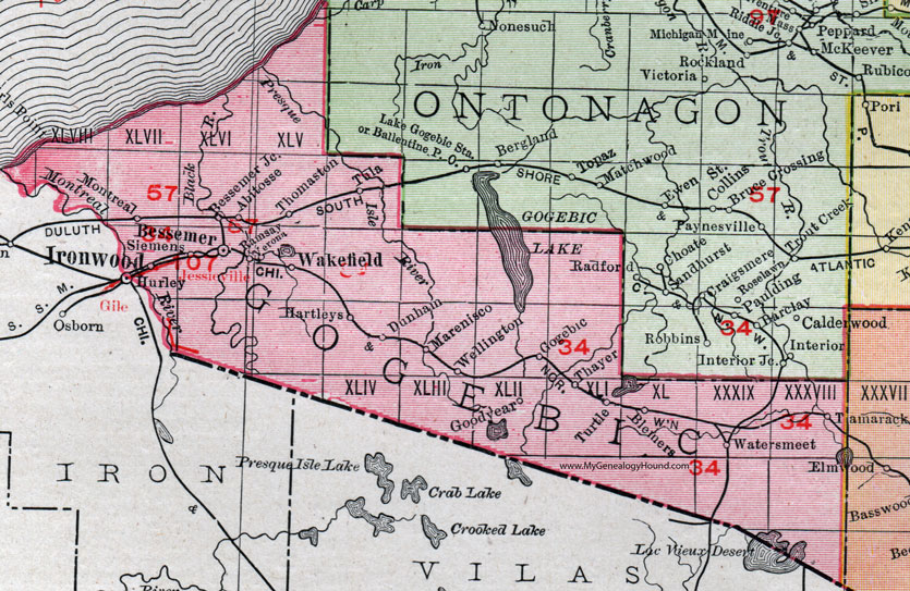 Gogebic County, Michigan, 1911, Map, Rand McNally, Ironwood, Bessemer, Wakefield, Ramsay, Jessieville, Thomaston, Marenisco, Watersmeet, Tamarack, Dunham, Thayer, Siemens, Abitosse