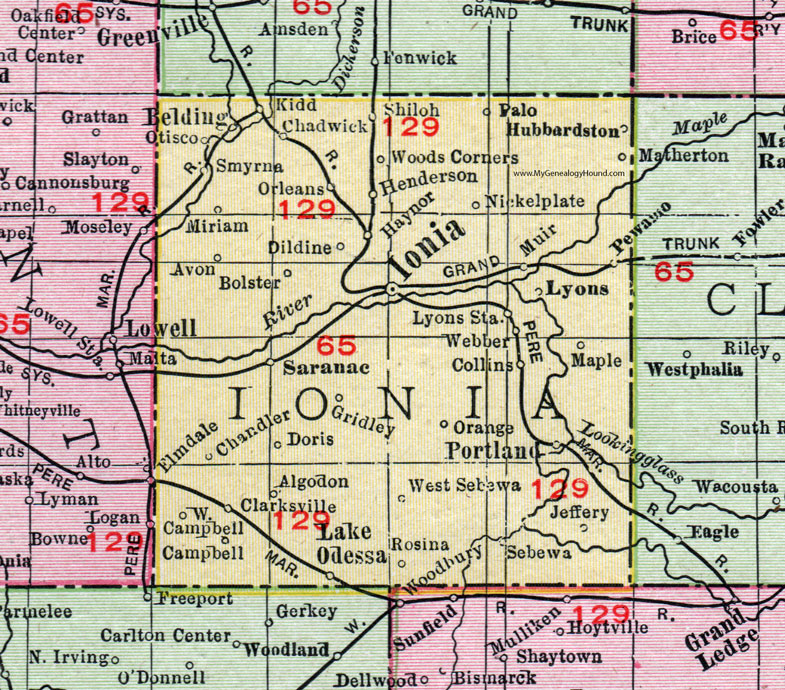 Ionia County, Michigan, 1911, Map, Rand McNally, Portland, Belding, Saranac, Lake Odessa, Hubbardston, Pewamo, Muir, Lyons, Smyrna, Orleans, Clarksville, Sebewa