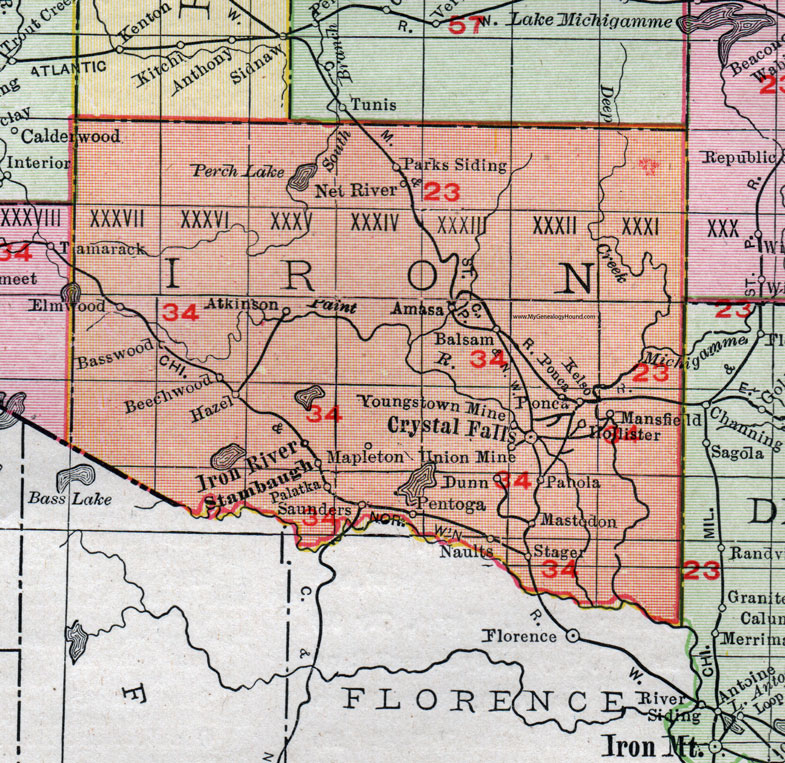 Iron County, Michigan, 1911, Map, Rand McNally, Crystal Falls, Stambaugh, Iron River, Amasa, Atkinson, Youngstown Mine, Union Mine, Mastodon, Stager, Palatka, Kelso, Mapleton, Pentoga