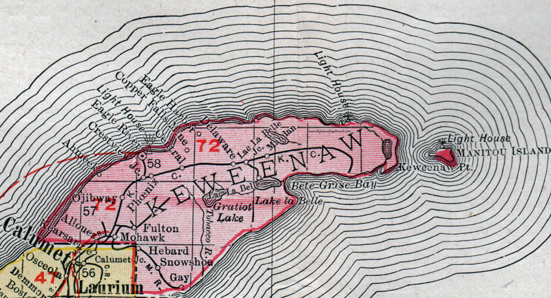 Keweenaw County, Michigan, 1911, Map, Rand McNally, Fulton, Mohawk, Ahmeek, Eagle River, Allouez, Hebard, Snowshoe, Phoenix, Eagle Harbor, Ojibway, Copper Falls Mine, Lac La Belle, Mandan