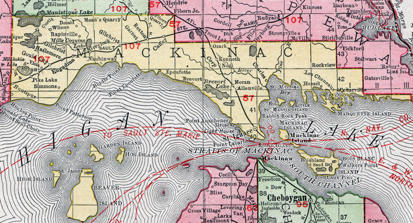 Mackinac County, Michigan, 1911, Map, Rand McNally, Saint Ignace, Mackinac Island, Cedarville, Moran, Pointe Aux Pins, Hessel, Rexton, Naubinway, Engadine, Gould City, Curtis, Brevort, Rapinville