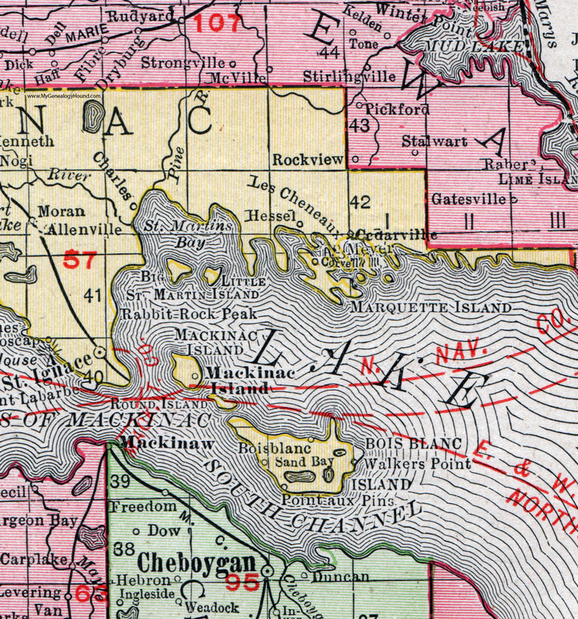 An enlarged view of the eastern half of Mackinac County, Michigan.