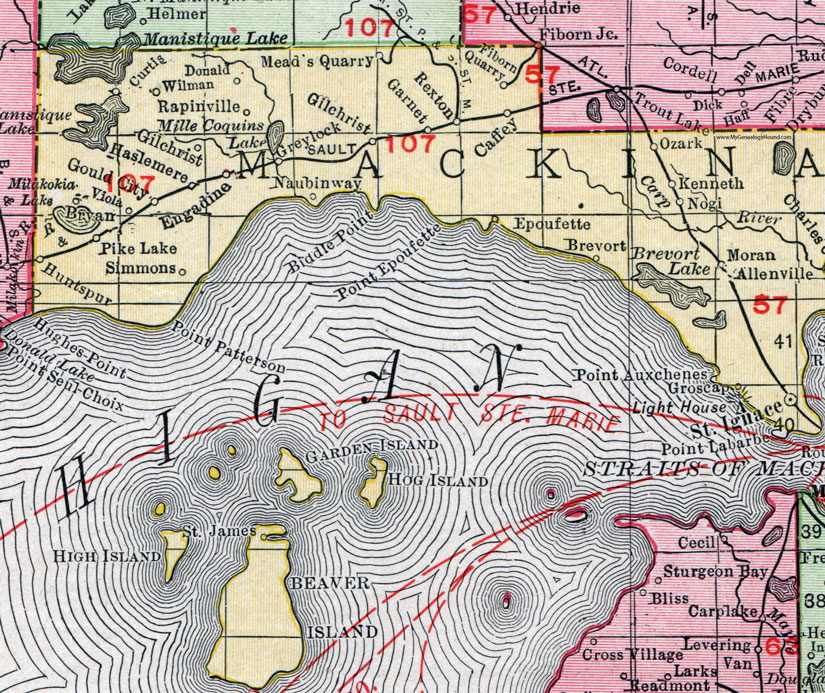 An enlarged view of the western half of Mackinac County, Michigan.