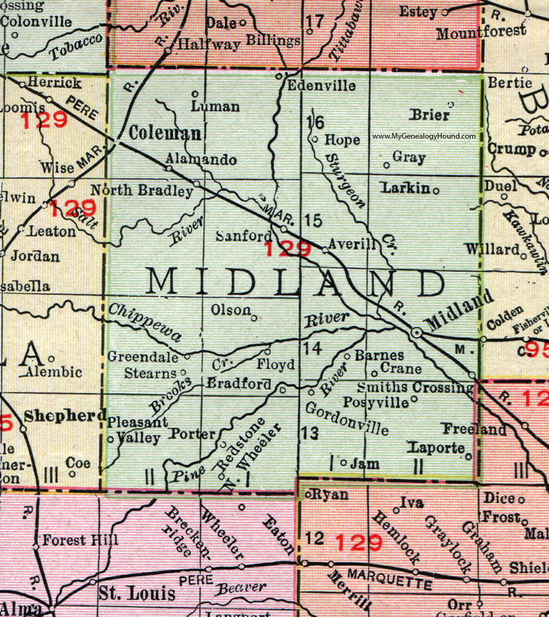 Midland County, Michigan, 1911, Map, Rand McNally, Coleman, Sanford, Edenville, Hope, Luman, Averill, Larkin, Alamando, Stearns, Posyville, Barnes, Laporte, Redstone