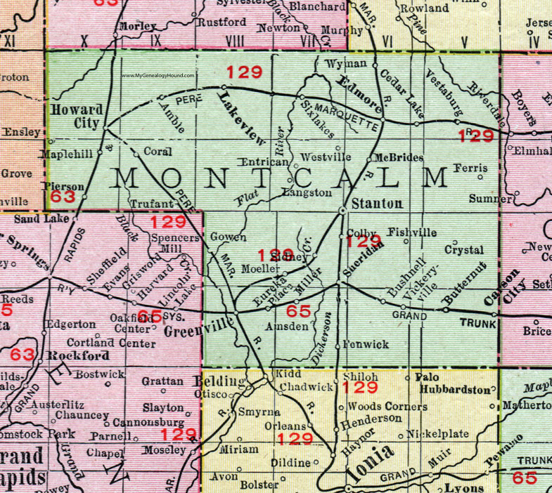 Montcalm County, Michigan, 1911, Map, Rand McNally, Stanton, Greenville, Edmore, Howard City, Lakeview, Six Lakes, Vestaburg, McBrides, Crystal, Sheridan, Trufant, Coral, Pierson, Fenwick