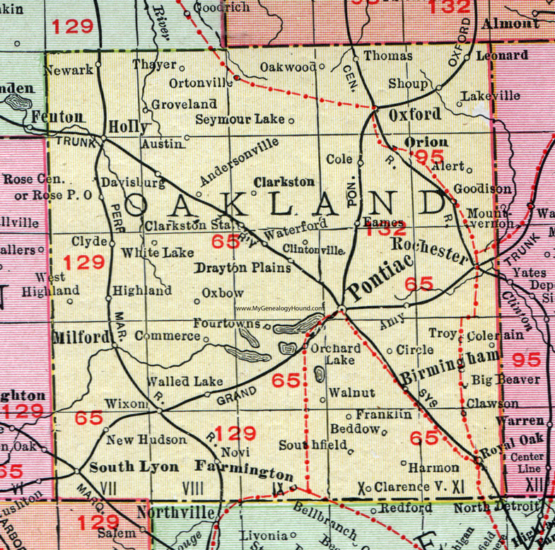 Oakland County, Michigan, 1911, Map, Rand McNally, Pontiac, Troy, Royal Oak, Farmington, South Lyon, Milford, Novi, Wixom, New Hudson, Walled Lake, Oxford, Southfield, Birmingham