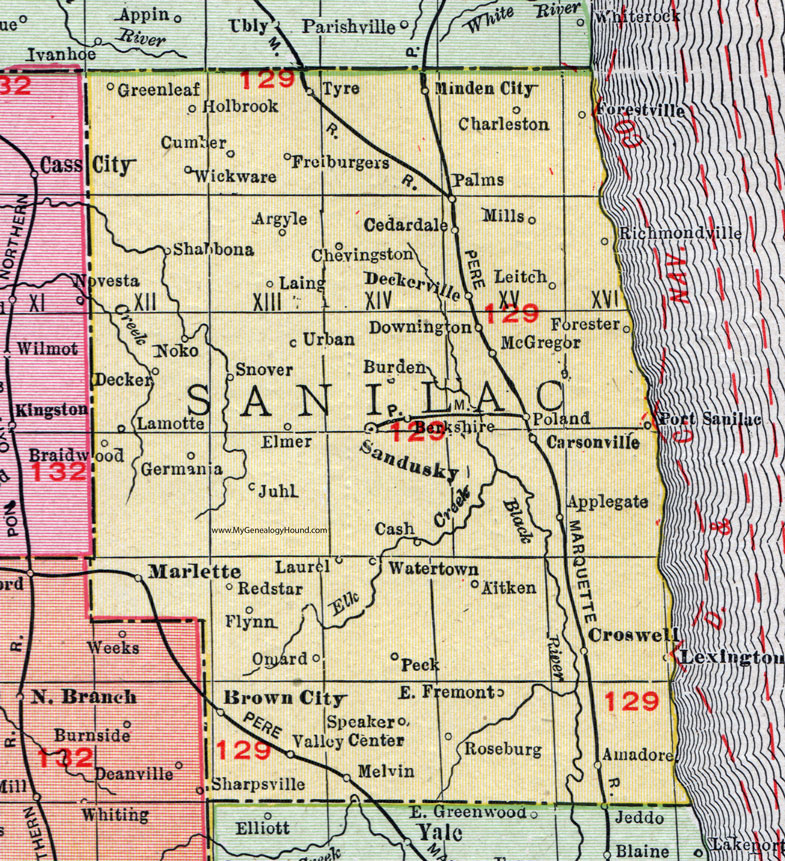 Sanilac County, Michigan, 1911, Map, Rand McNally, Sandusky, Croswell, Brown City, Marlette, Carsonville, Deckerville, Forestville, Minden City, Decker, Applegate, Lexington, Peck, Snover, Argyle