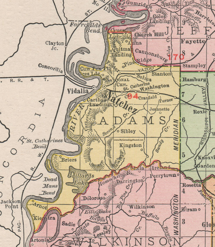 Adams County, Mississippi, 1911, Map, Rand McNally, Natchez, Washington, Stanton, Sibley, Carthage, Pine Ridge, Selma, Cranfield, Kingston, Turner, St. Catherine, Foster