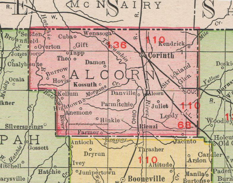 Alcorn County, Mississippi, 1911, Map, Rand McNally, Corinth, Rienzi, Kossuth, Glen, Kendrick, Wenasoga, Parmitchie, Hinkle, Hovis, Tapp, Strickland, Kellum