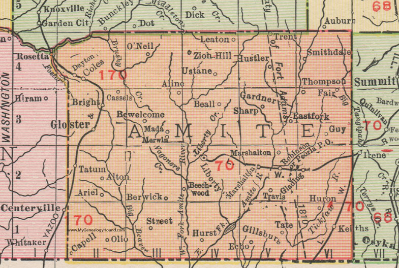 Amite County, Mississippi, 1911, Map, Rand McNally, Liberty, Gloster, Coles, Smithdale, Thompson, Peoria, Ustane, Beall, Tatum, Berwick, Hurst, Travis, Olio, Capell