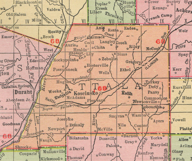 Attala County, Mississippi, 1911, Map, Rand McNally, Kosciusko, Ethel, McAdams, McCool, Zebulon, Ayers, McVille, Zemuly, Waugh, Healds, Chita, Shrock, Eades, Carmack