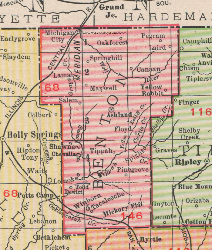 Benton County, Mississippi, 1911, Map, Rand McNally, Ashland, Hickory Flat, Winborn, Michigan City, Canaan, Lamar, Dewitt, Laird, Lonoke, Maxwell, Pegram, Spight, Shawnee, Tacaleeche, Tippah, Yellow Rabbit