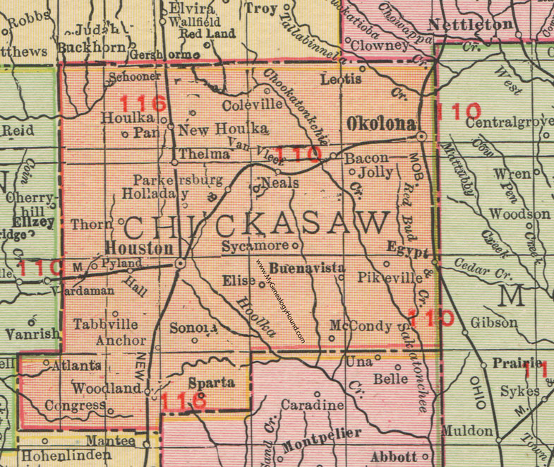 Chickasaw County, Mississippi, 1911, Map, Rand McNally, Okolona, Houston, New Houlka, Woodland, Van Vleet, Egypt, Thorn, Leotis, McCondy, Sonora, Sparta, Tabbville, Holladay, Pyland, Neals