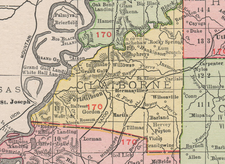 Claiborne County, Mississippi, 1911, Map, Rand McNally, Port Gibson, Hermanville, Grand Gulf, Tillman, Reaganton, Alcorn, Hankinson, Insmore, Barland, Ingleside, Russum, Hervey, Brandywine, Wilsonville, Scutch