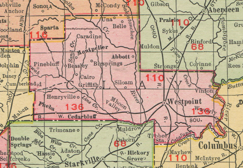 Clay County, Mississippi, 1911, Map, Rand McNally, West Point, Montpelier, Pheba, Cedarbluff, Abbott, Griffith, Mhoon Valley, Vinton, Tibbee Station, Caradine, Henryville, Beasley, Cairo