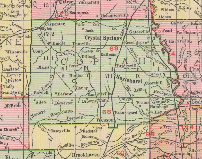 Copiah County, Mississippi, 1911, Map, Rand McNally, Hazlehurst, Crystal Springs, Wesson, Beauregard, Gallman, Georgetown, Rockport, Hopewell, Gatesville, Carpenter, Glancy, Dillard, Bowerton, Homochitto, Swilley, Nannye