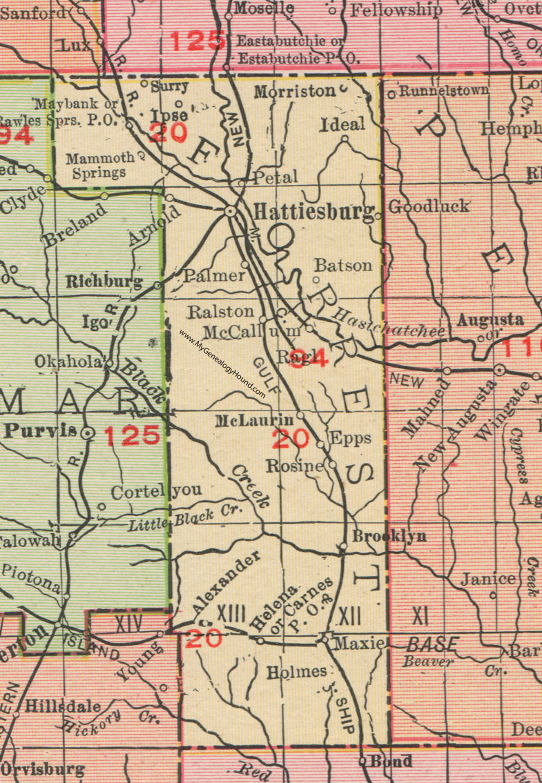 Forrest County, Mississippi, 1911, Map, Rand McNally, Hattiesburg, Petal, Brooklyn, McCallum, McLaurin, Maxie, Batson, Ralston, Mammoth Springs, Rosine, Epps, Holmes, Carnes, Morriston