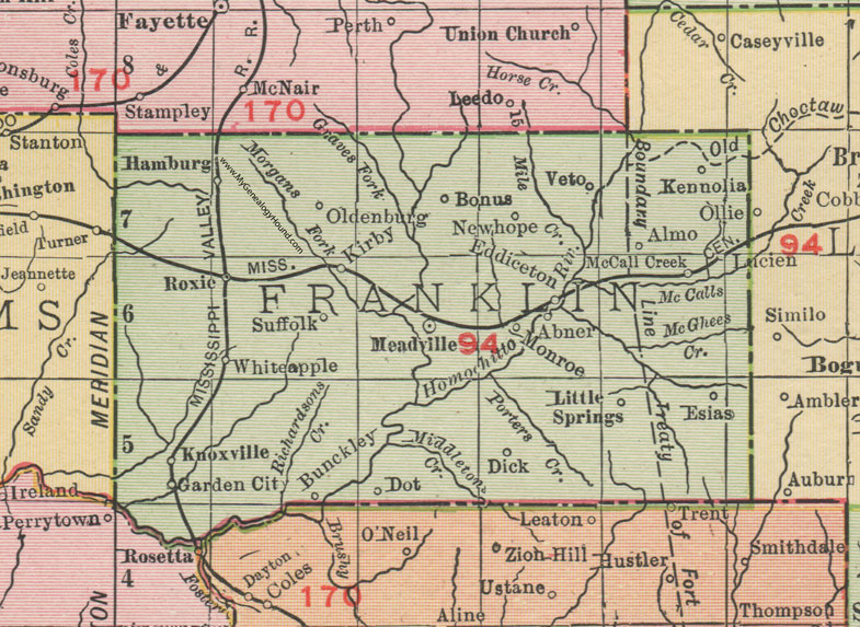 Franklin County, Mississippi, 1911, Map, Rand McNally, Meadville, Roxie, Hamburg, Kirby, Eddiceton, McCall Creek, White Apple, Garden City, Kennolia, Esias, Knoxville, Oldenburg, Bunckley, Almo
