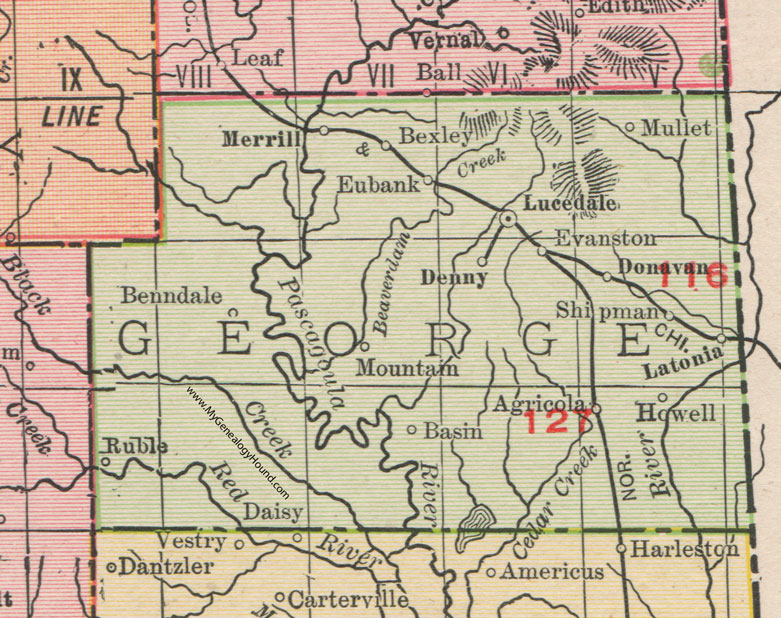 George County, Mississippi, 1911, Map, Rand McNally, Lucedale, Merrill, Agricola, Berndale, Mullet, Shipman, Latonia, Ruble, Eubank, Bexley, Evanston, Donavan
