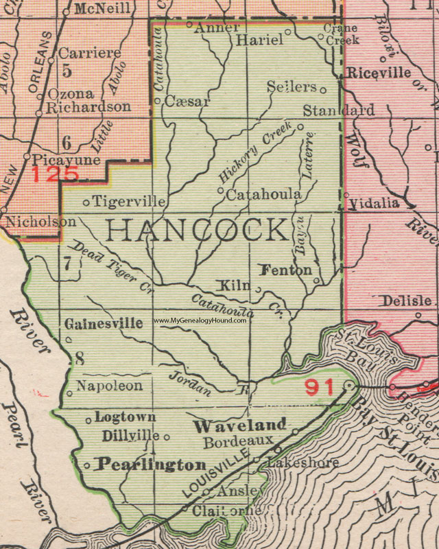 Hancock County, Mississippi, 1911, Map, Rand McNally, Bay St. Louis, Waveland, Pearlington, Lakeshore, Ansley, Fenton, Kiln, Gainesville, Catahoula, Tigerville, Napoleon, Dillville, Logtown, Claiborne, Hariel, Caesar, Anner