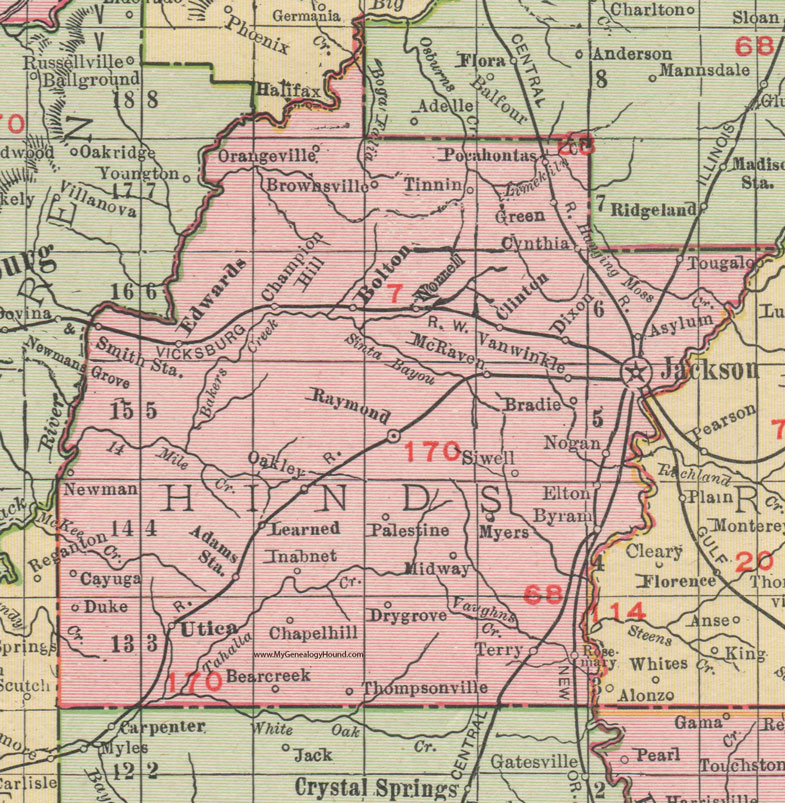 Hinds County, Mississippi, 1911, Map, Rand McNally, Jackson, Tougaloo, Clinton, Edwards, Terry, Utica, Adams, Oakley, Raymond, Byram, Brownsville, Pocahontas, Bolton, Tinnin, Cayuga