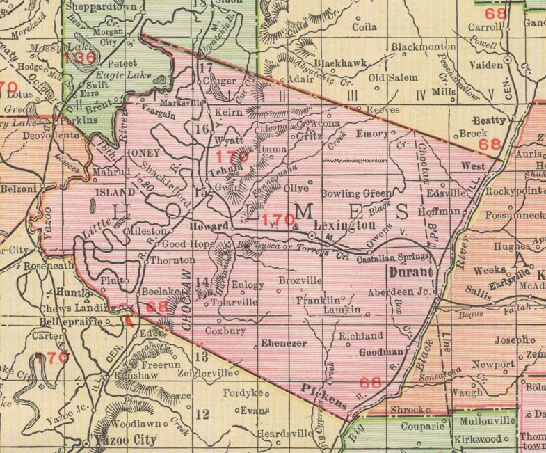 Holmes County, Mississippi, 1911, Map, Rand McNally, Lexington, Durant, Pickens, Goodman, Tchula, Thornton, Howard, Cruger, West, Ebenezer, Tolarville, Coxbury, Lamkin, Ituma, Mahrud