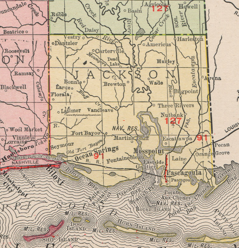Jackson County, Mississippi, 1911, Map, Rand McNally, Pascagoula, Moss Point, Ocean Springs, Wade, Hurley, Gautier, Vancleave, Vestry, Fontainebleau, Brewton, Escatawpa, Americus, Harleston, Laine, Florala