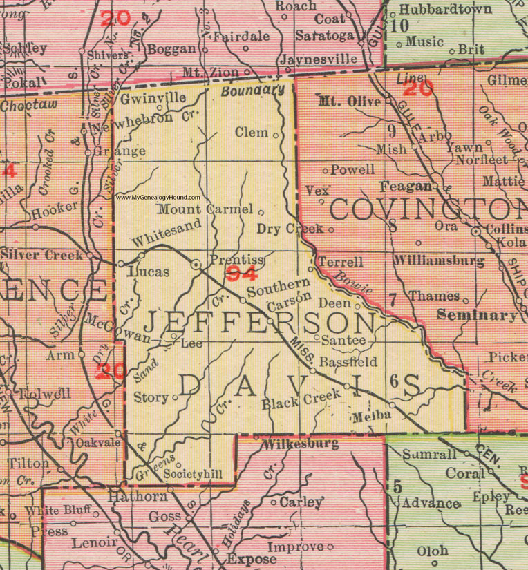Jefferson Davis County, Mississippi, 1911, Map, Rand McNally, Prentiss, Carson, Bassfield, Gwinville, Carson, Melba, Santee, Society Hill, Deen, Mount Carmel, Whitesand, Story, Black Creek, Terrell