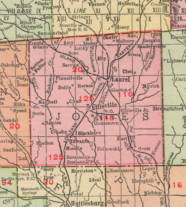 Jones County, Mississippi, 1911, Map, Rand McNally, Ellisville, Laurel, Ovett, Sandersville, Myrick, Moselle, Eastabutchie, Soso, Crottstown, Napier, Welborn, Pinnellville, Reddoch, Tawanta, Gitano, Nomac, Loper