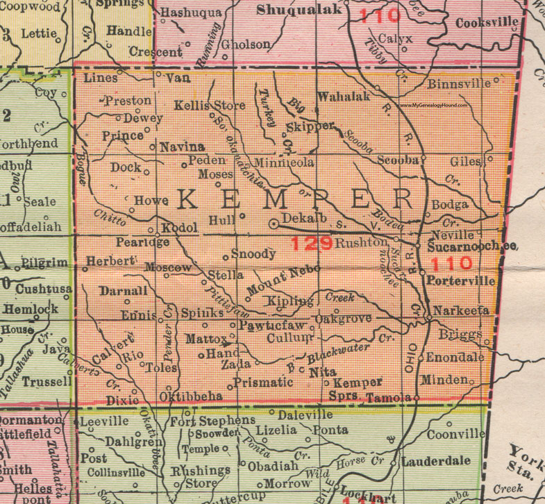 Kemper County, Mississippi, 1911, Map, Rand McNally, De Kalb, Scooba, Porterville, Preston, Prismatic, Tamola, Sucarnoochee, Narkeeta, Darnall, Wahalak, Minneola, Snoody, Pawticfaw, Binnsville, Narkeeta, Spinks, Kodol, Okitibbeha