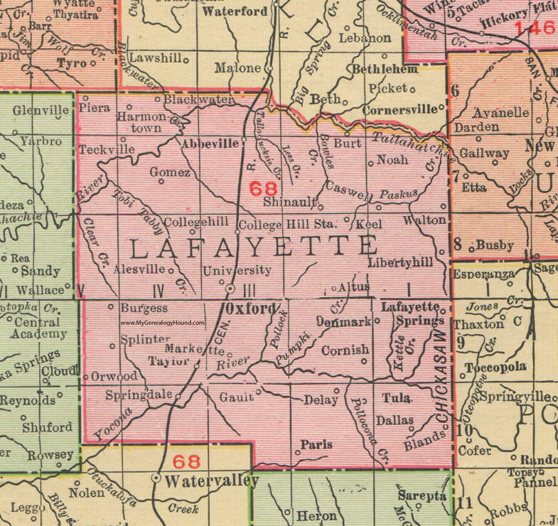 Lafayette County, Mississippi, 1911, Map, Rand McNally, Oxford, Denmark, Abbeville, Taylor, Paris, Tula, Teckville, Harmontown, Gomez, Shinault, Caswell, Alesville, Orwood, Cornish, Gault, Altus, Piera