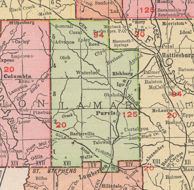 Lamar County, Mississippi, 1911, Map, Rand McNally, Purvis, Lumberton, Sumrall, Baxterville, Talowah, Waterloo, Epley, Richburg, Igo, Okahola, Cortelyou, Piotona, Oloh, Breland, Wells
