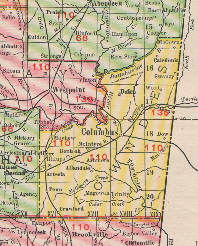 Lowndes County, Mississippi, 1911, Map, Rand McNally, Columbus, Caledonia, Artesia, Crawford, Mayhew, Steens, Allandale, Magowah, Trinity, Swanzy, McCown, Bent Oak, McIntyre, Penn, Ashmore