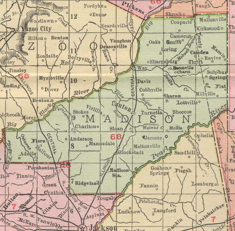 Madison County, Mississippi, 1911, Map, Rand McNally, Canton, Ridgeland, Flora, Sharon, Camden, Way, Virlilia, Stokes, Shoccoe, Gluckstadt, Loring, Couparle, Truitt, Mullonville, Turnetta, Sulphur Springs