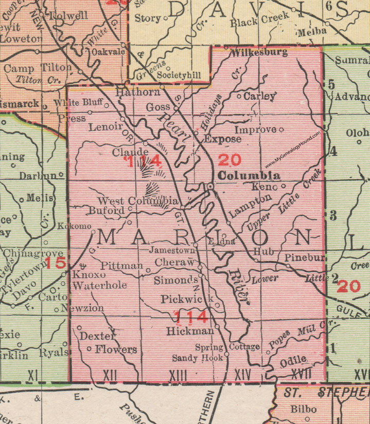 Marion County, Mississippi, 1911, Map, Rand McNally, Columbia, Kokomo, Goss, Sandy Hook, Lenoir, Hathorn, Wilkesburg, Carley, Lampton, Cheraw, Simonds, Pittman, Jamestown, Lampton, Pickwick