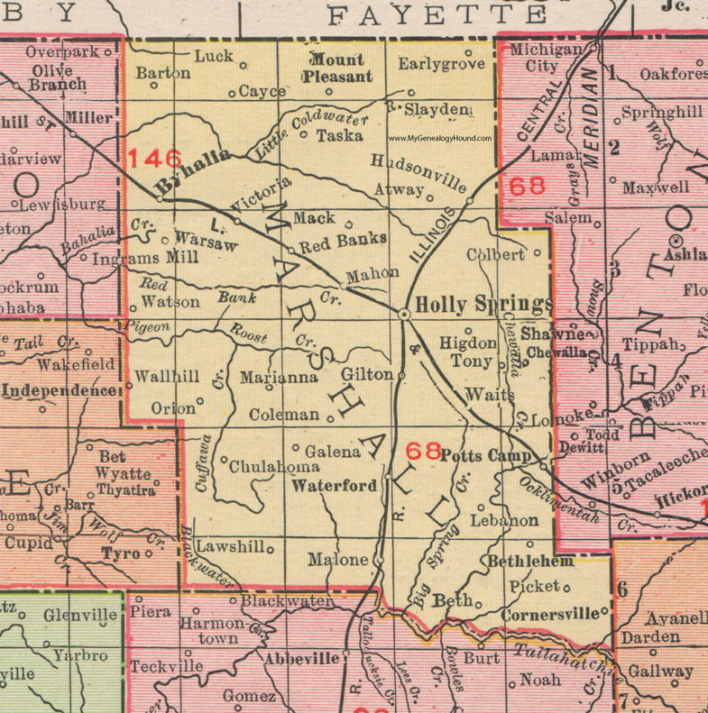 Marshall County, Mississippi, 1911, Map, Rand McNally, Holly Springs, Potts Camp, Byhalia, Mt. Pleasant, Slayden, Hudsonville, Waterford, Red Banks, Victoria, Chulahoma, Taska, Marianna, Lawshill, Bethlehem, Higdon